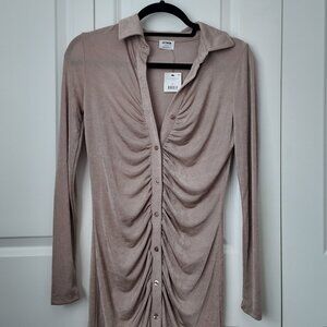 Cotton On Textured Slinky Ruched Midi Shirt Dress Beige Size Small